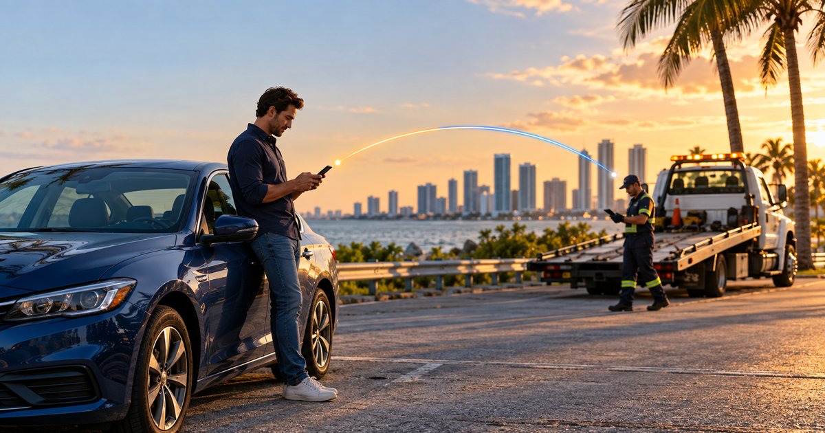Illustration of a driver using a phone beside a car and an independent roadside professional with a tow truck