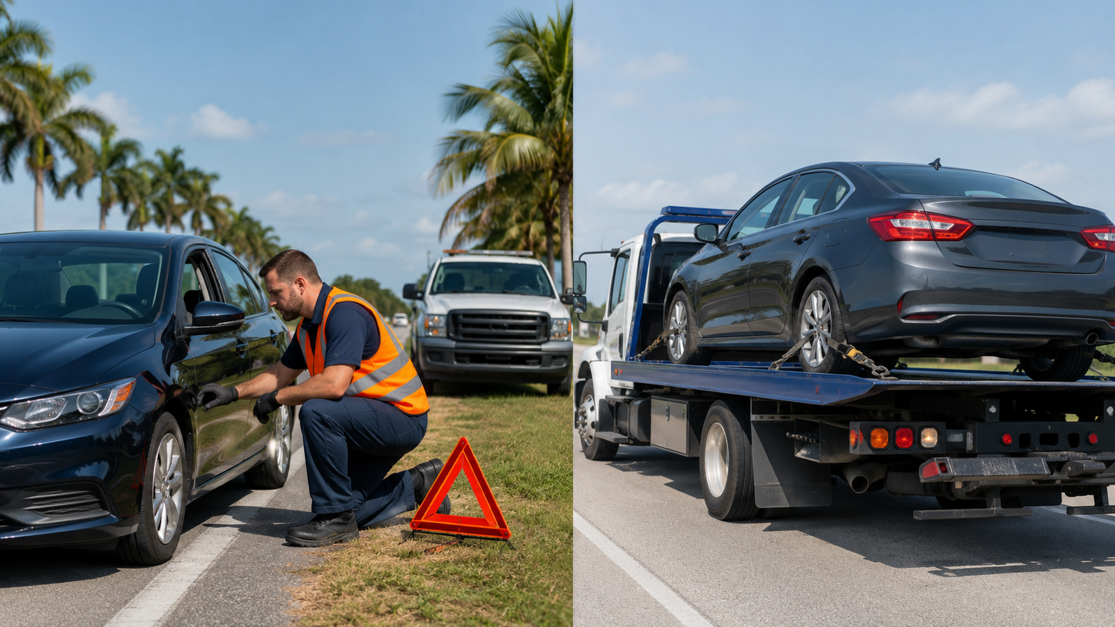 Split scene showing a roadside professional assessing a car and another car secured on a flatbed tow truck.